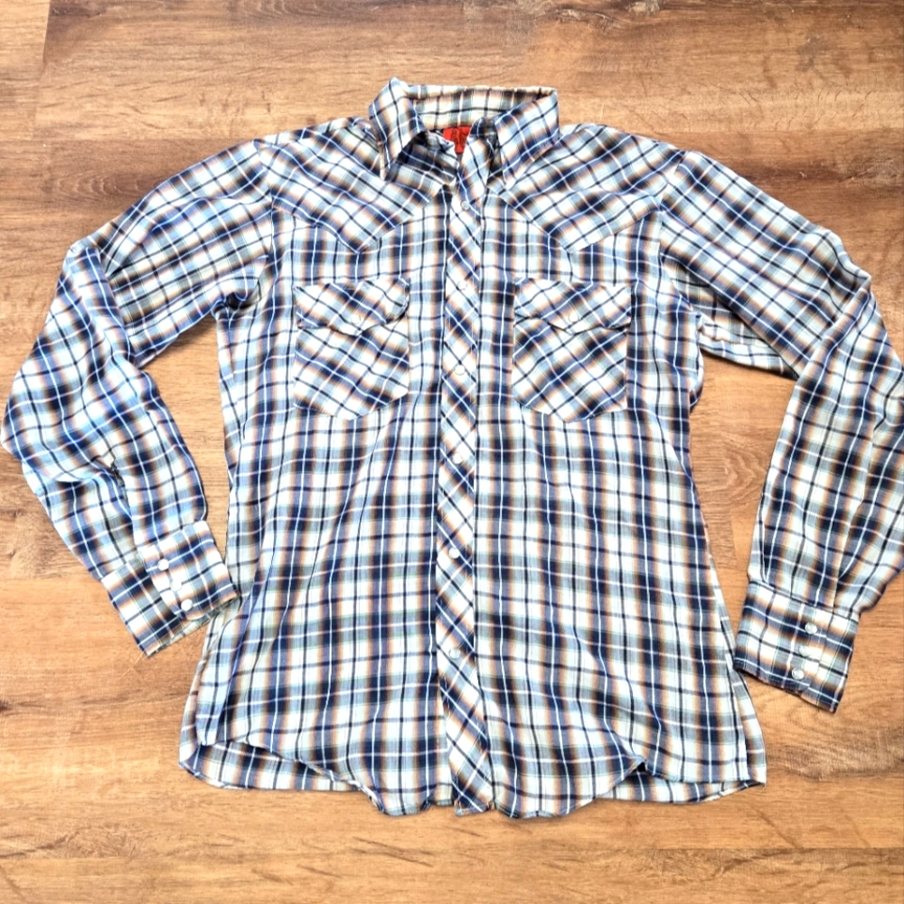 Vintage Western Men's Blue Plaid Shirt Pearl Snaps
